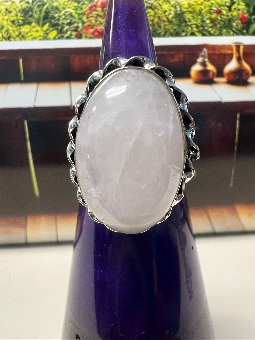 Rose Quartz Oval Statement Ring - size 8